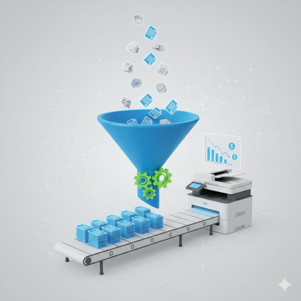Ilustração 3D de um sistema de outsourcing de impressão no ABC, exibindo um funil de documentos e uma impressora multifuncional em uma linha de produção automatizada para agilidade operacional.