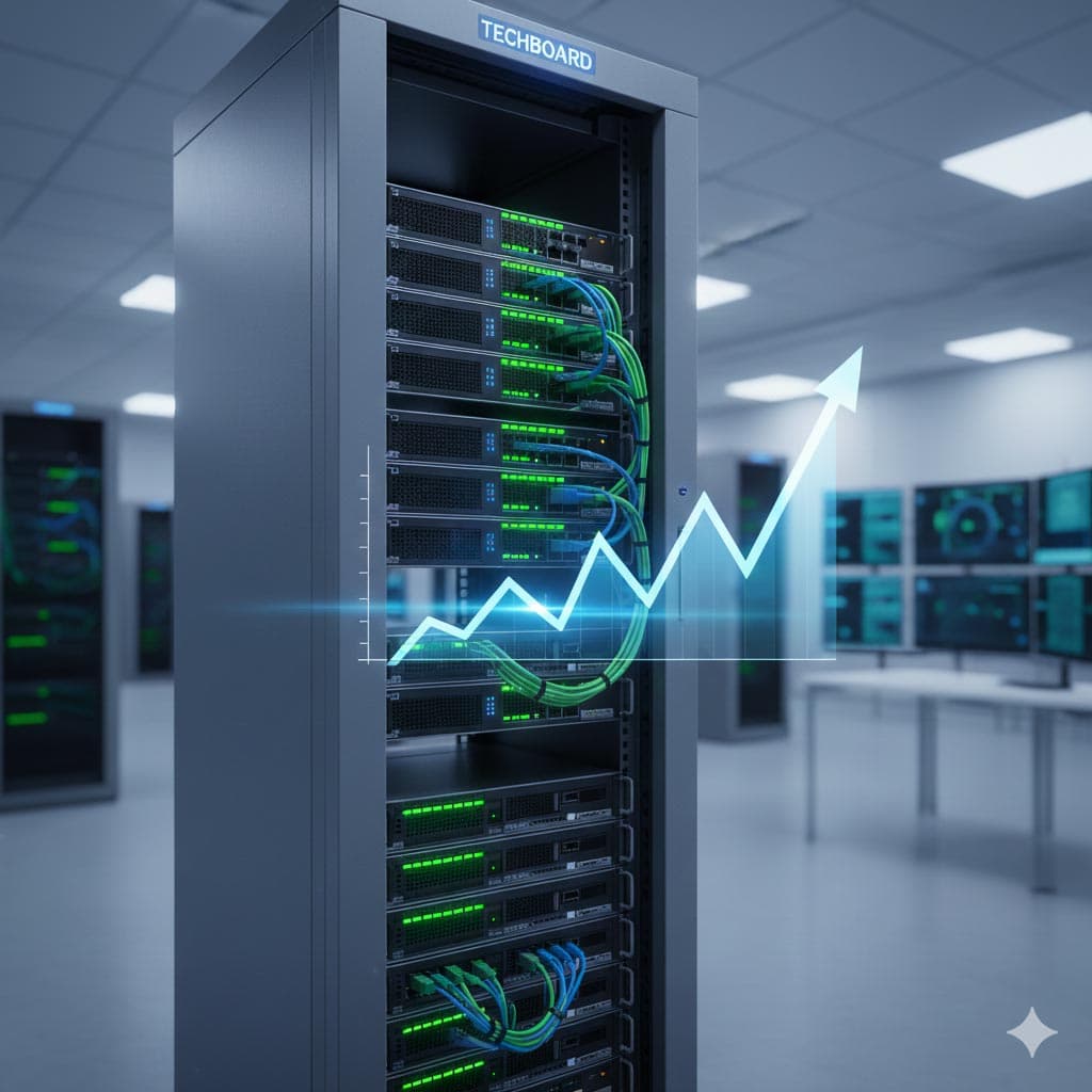 Rack de servidores de rede profissional da Techboard com gráfico holográfico de performance ascendente, simbolizando a estabilidade e o crescimento na locação de infraestrutura de TI no ABC.