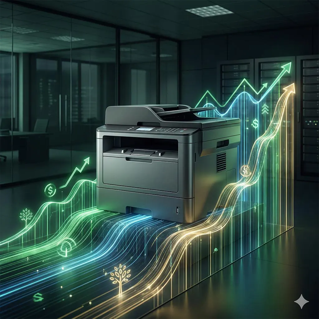 Dispositivos de impressão profissional e gráficos de crescimento financeiro, ilustrando as vantagens tributárias e a preservação de capital através da locação de equipamentos de informática.