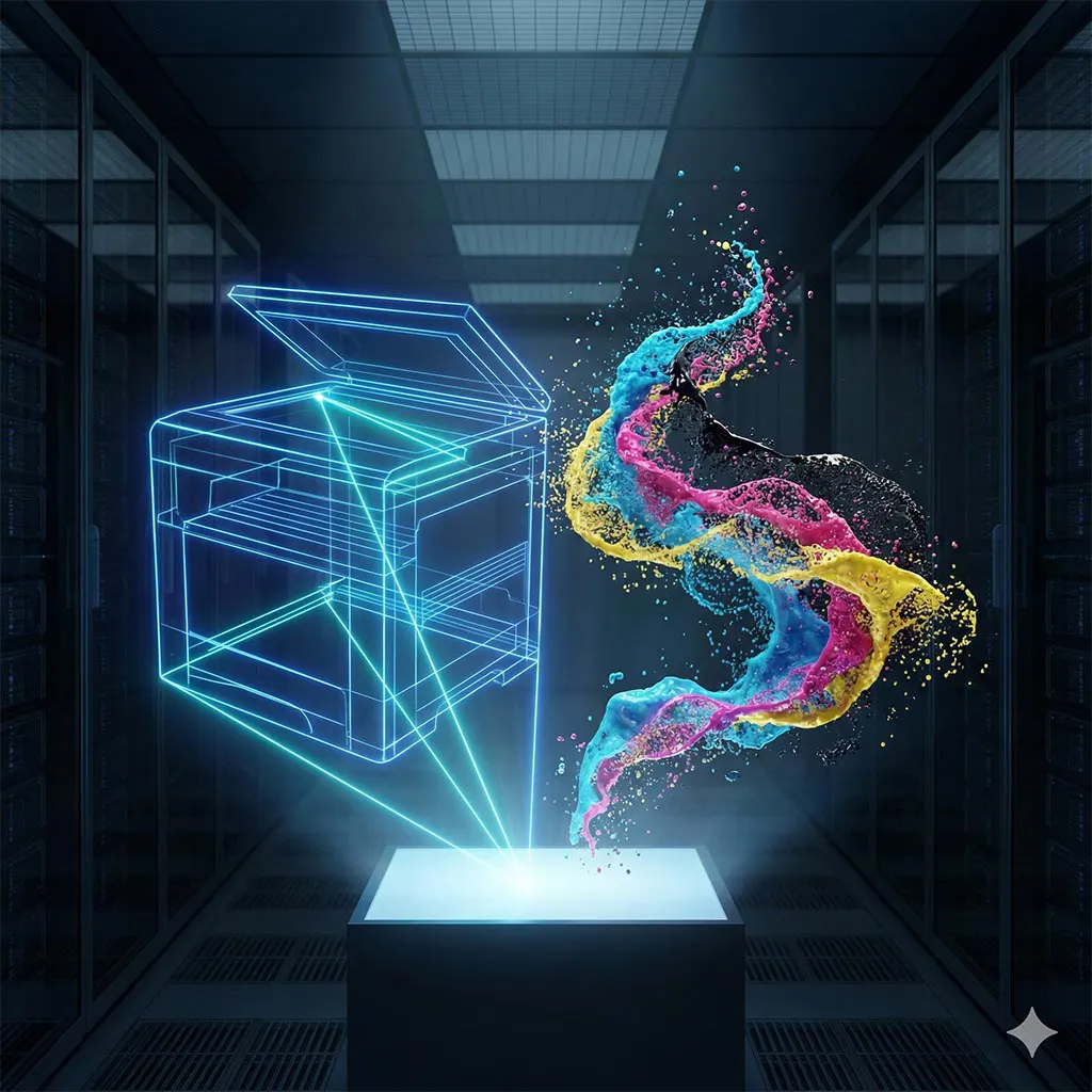 Infográfico comparativo entre tecnologia de impressão a laser e jato de tinta para ambientes corporativos, detalhando as vantagens de cada sistema em uma solução de outsourcing de impressão.