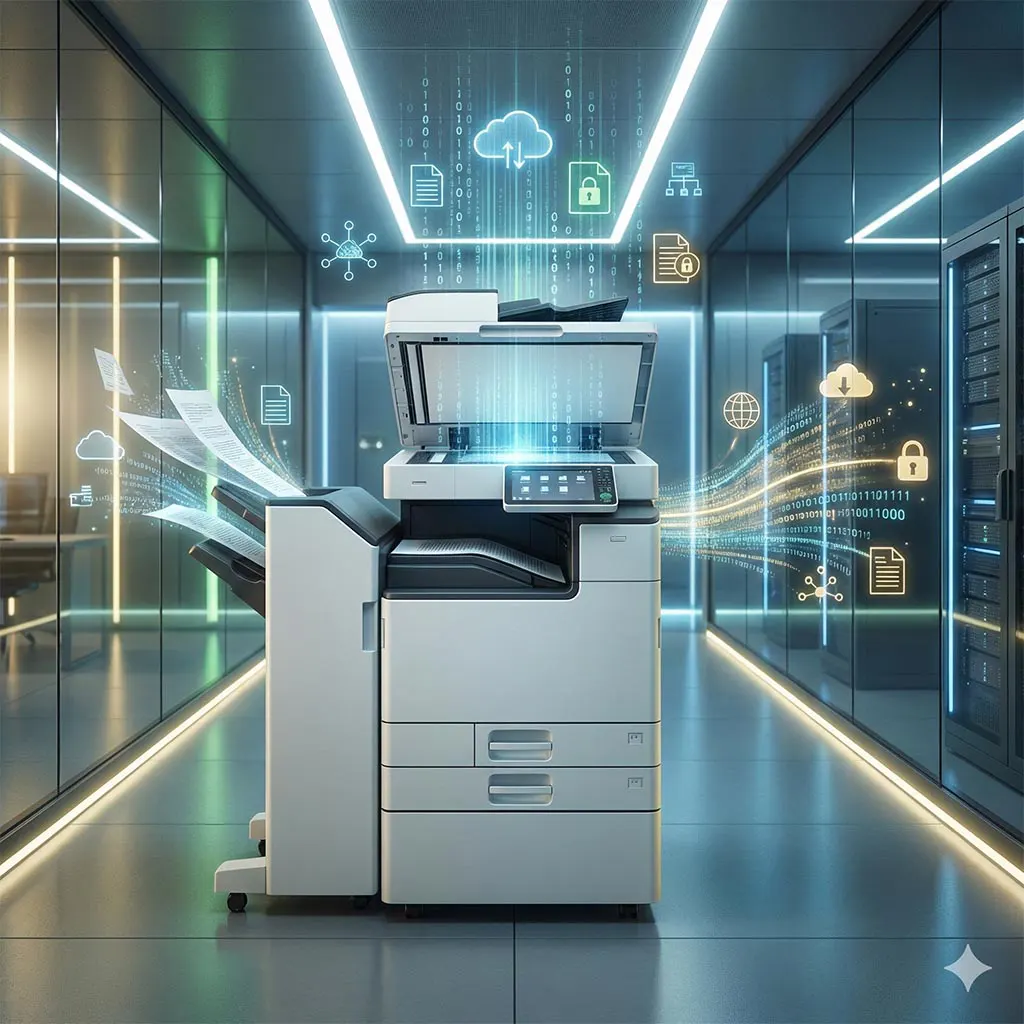 Para este post de Digitalização e Eficiência, aqui está a versão otimizada com foco total em precisão e no seu novo limite de 100 caracteres: Sugestão de Alt Text (SEO + Acessibilidade) Texto Alternativo (Alt Text): "Multifuncional a laser e ícones de nuvem: digitalização e eficiência no outsourcing de impressão.