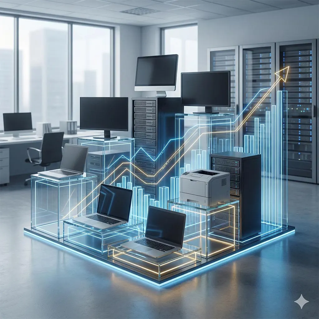 Notebooks e equipamentos de informática modernos para locação em ambiente corporativo, auxiliando na otimização do budget de TI.