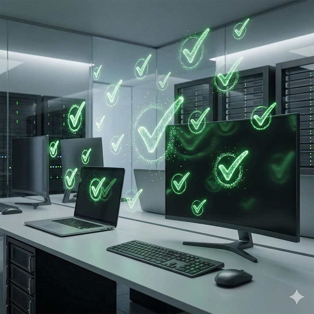 Estoque organizado de notebooks e tablets para locação rápida, representando o processo de check-in ágil em empresa de informática.