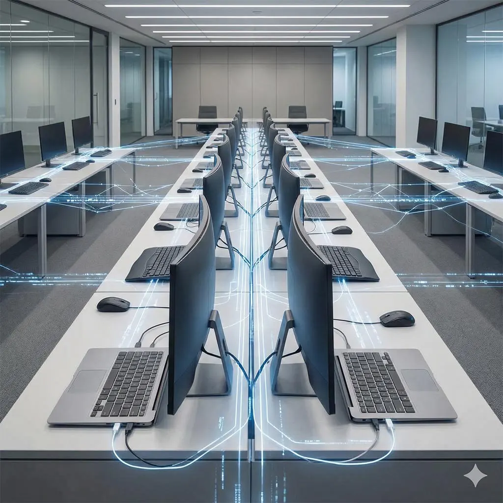 Estações de trabalho móveis e dispositivos de informática de alta performance configurados em um ambiente colaborativo para treinamentos corporativos e projetos temporários.