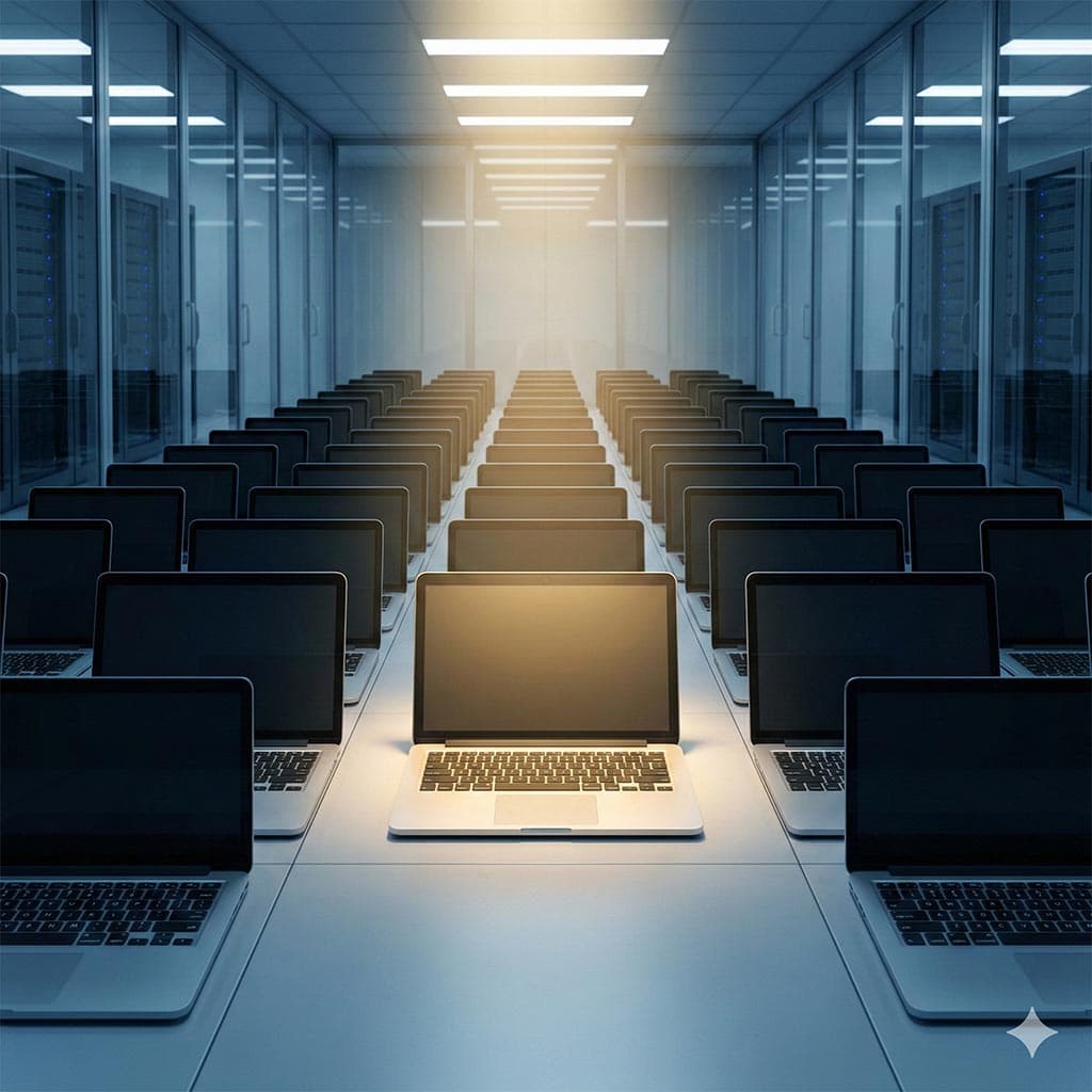 Amplo estoque de dispositivos de informática modernos e estações de trabalho móveis organizadas em ambiente tecnológico, demonstrando a robustez de uma empresa de locação de TI.