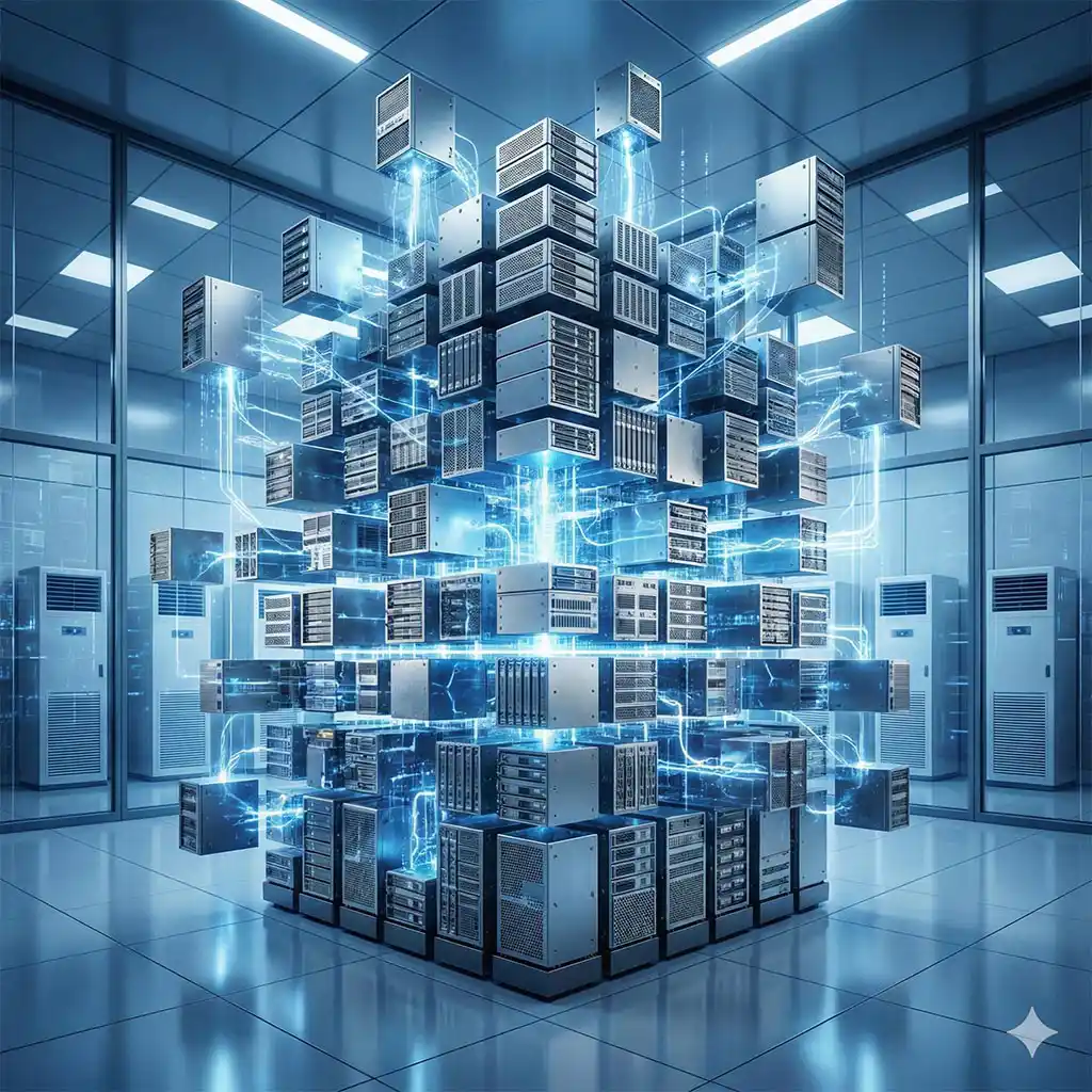 Infraestrutura de data center com racks de servidores e um terminal de gestão projetando um mapa holográfico de conectividade urbana, ilustrando a flexibilidade na transformação digital de empresas.