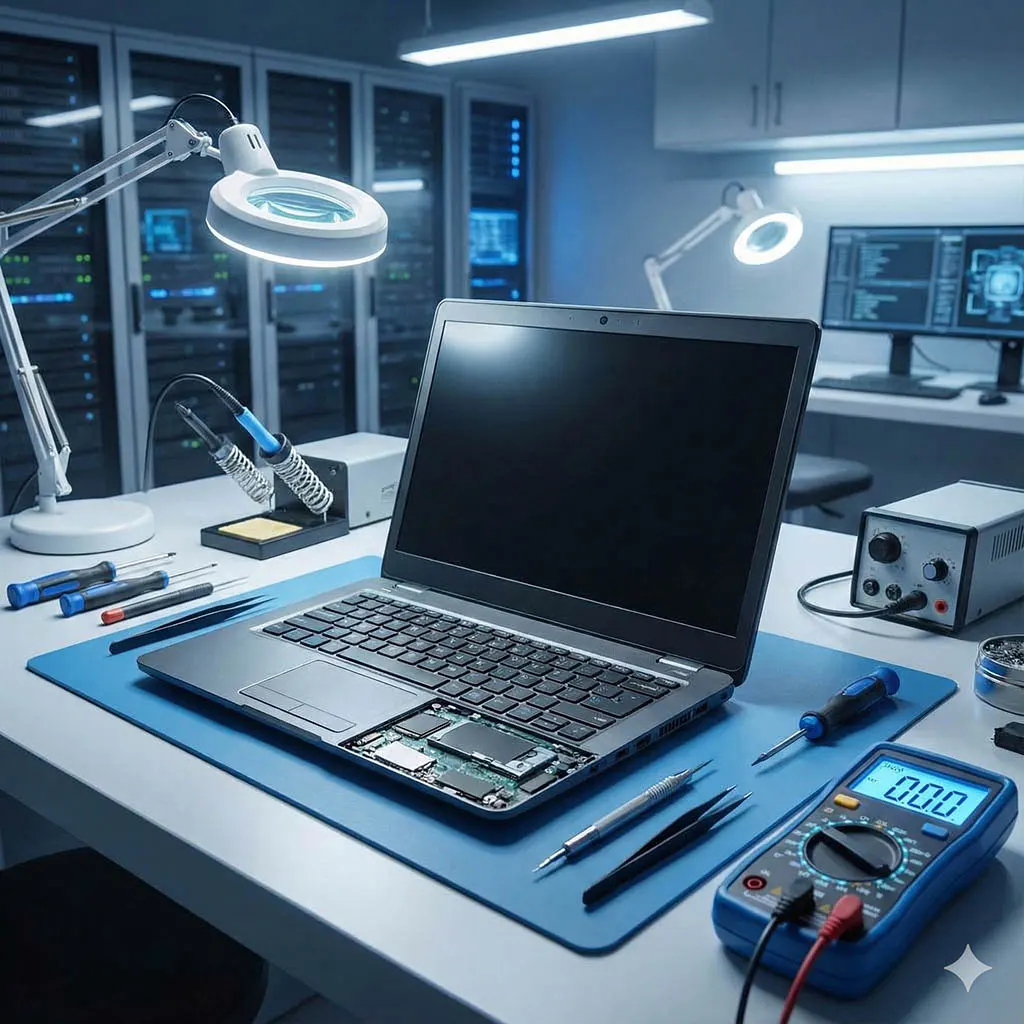 Especialista em TI realizando reparo em componentes internos de hardware corporativo, integrando a manutenção técnica à gestão estratégica de ativos para otimizar o ciclo de vida dos dispositivos.