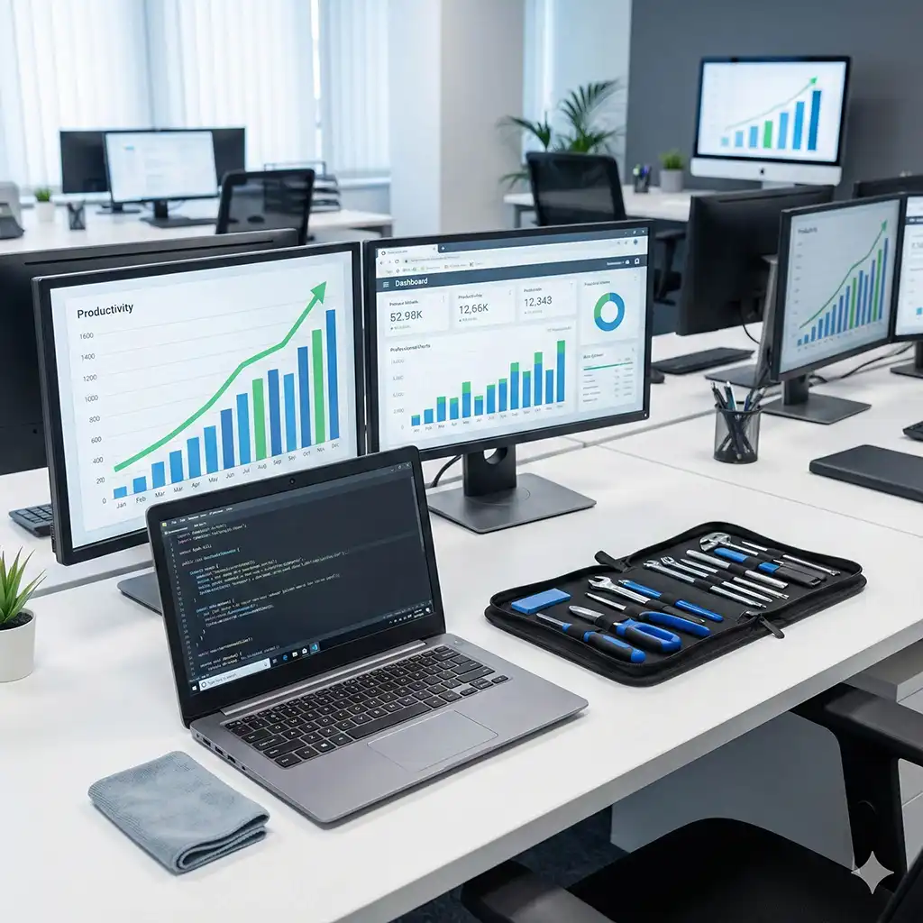 Especialista em manutenção de hardware utilizando ferramentas de medição em componentes internos, demonstrando por que o foco B2B é essencial para garantir a confiabilidade técnica e a segurança de dados em empresas.