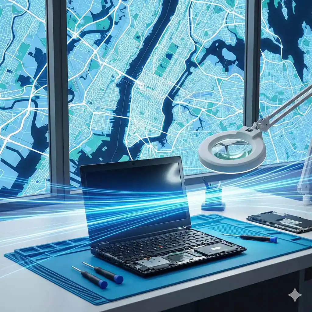 Bancada técnica de assistência especializada para empresas, mostrando o conserto de dispositivos de informática corporativos com ferramentas de precisão e mapa de cobertura de suporte técnico.