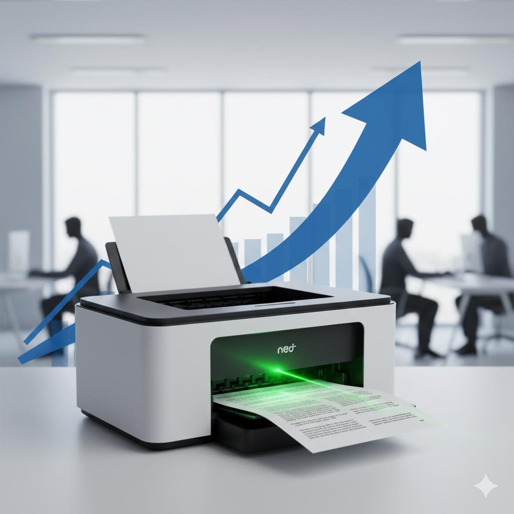 Impressora a laser profissional com laser verde de alta precisão e gráfico holográfico de crescimento, representando o outsourcing de impressão 4.0 com IA preditiva e foco em sustentabilidade para 2026.