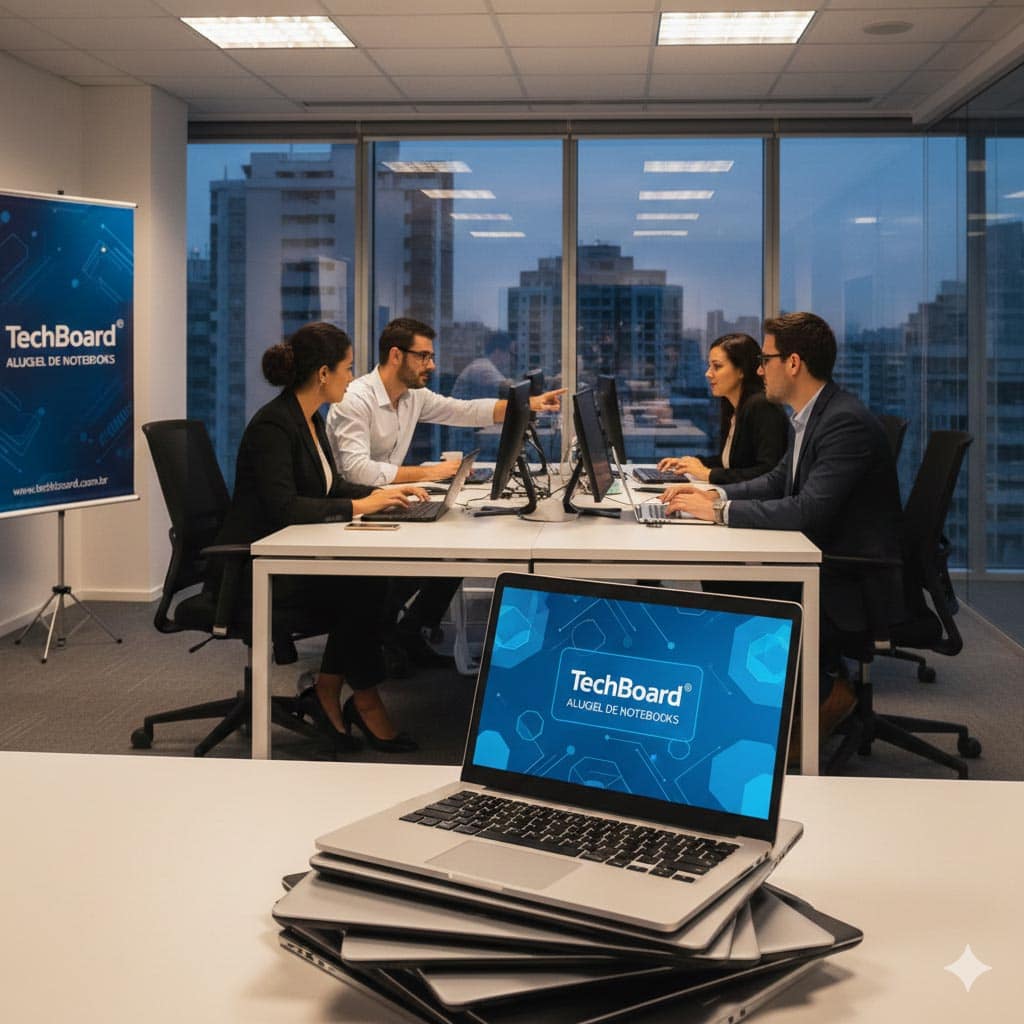 Profissionais em escritório moderno utilizando computadores e sistemas integrados de outsourcing de impressão e locação de ativos de tecnologia para máxima performance operacional.