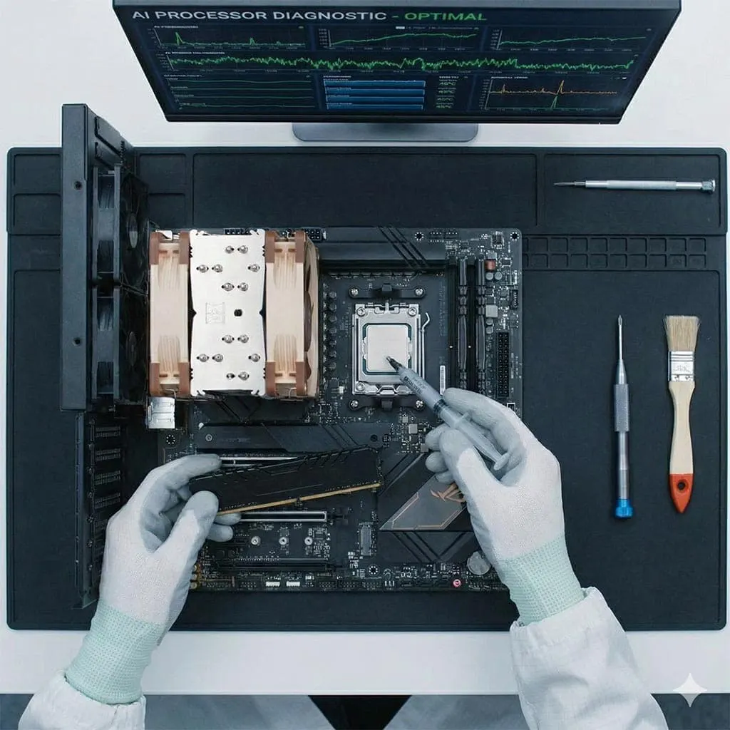 Manutenção de processador de IA e pasta térmica: performance para hardware corporativo.