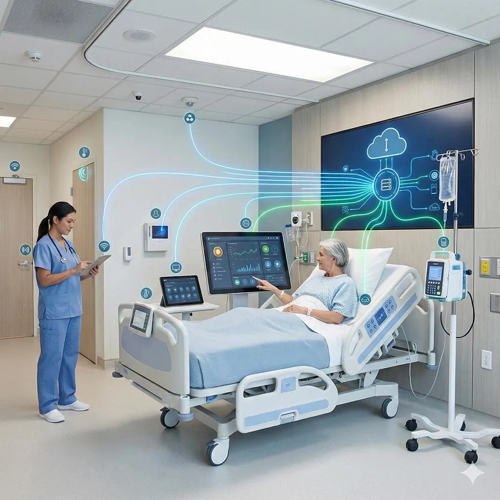 Monitoramento de sinais vitais em tempo real e ecossistema IoT hospitalar inteligente.