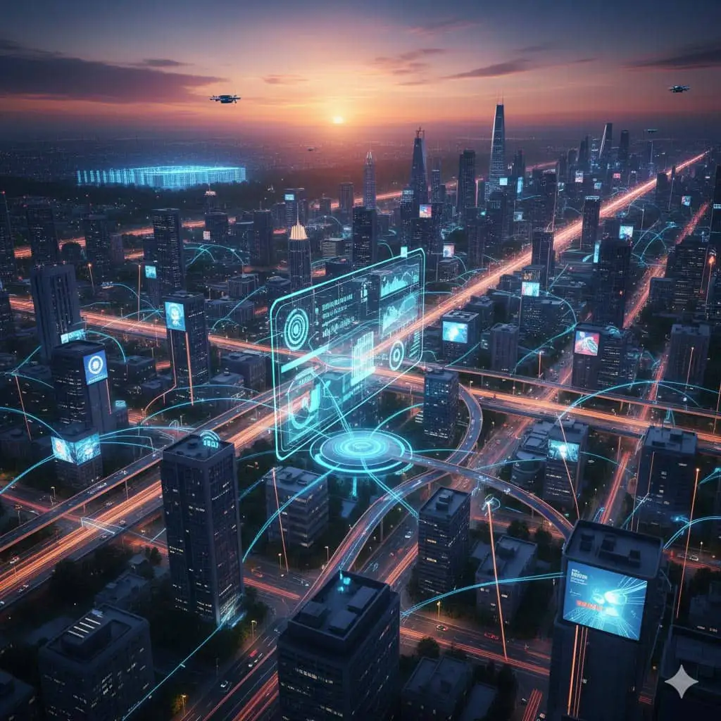 Cidade inteligente 2026: automação IoT, protocolo Matter e infraestrutura de TI moderna.
